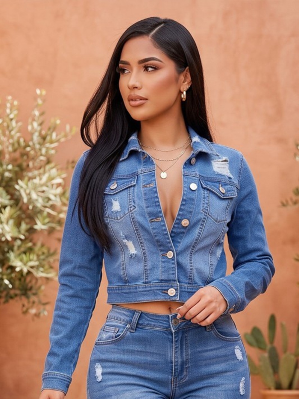 Cropped Distressed Denim Jacket - Blue J-58273